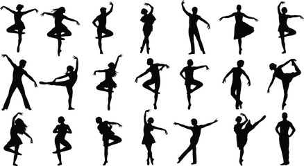 Set of black ballet dancer silhouettes male and female performing classical dance poses isolated on white background