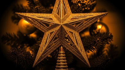 Golden Glittering Star on a Christmas Tree with Bokeh Lights
