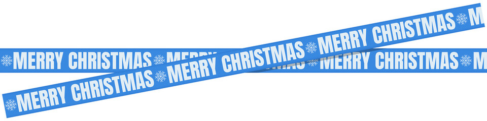 Blue Caution Tape with Bold White “Merry Christmas” Text – Festive Holiday Banner with Snowflake Icons on Transparent Background