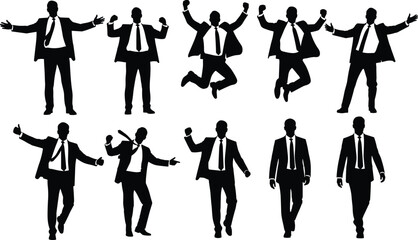 Set of happy businessman silhouettes in suits showing success celebration jumping and walking poses isolated on white background
