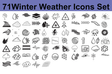 Collection of 71 Winter Weather Icons Showing Various Meteorological Phenomena Depicting Cold Temperature Snow Ice and Other Winter Elements with a Simple Design