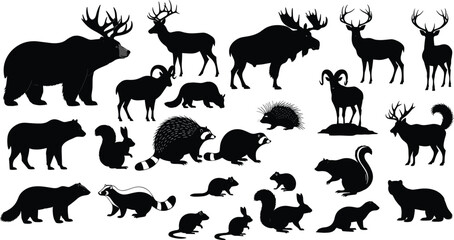 Set of wild forest animal silhouettes including bear deer and moose isolated on white background vector illustration.