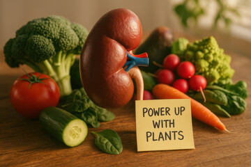 Realistic kidney model with fresh vegetable on wooden surface. yellow note reading Power Up With Plants promotes healthy diet and plant based nutrition for organ health