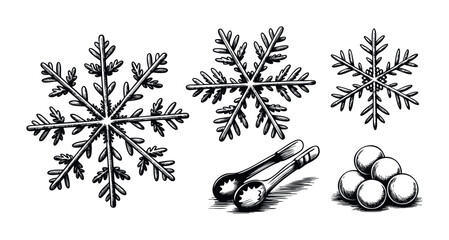 Set of handdrawn snowflakes and kitchen utensils, perfect for winter holiday themes, recipe blogs, and seasonal decor concepts presented with a classic engraving look.