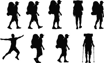 Silhouette set of male hiker with backpack walking and jumping isolated on white background vector illustration.