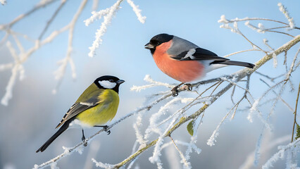 Naklejka premium Two small garden birds, a bullfinch and a great tit, perched on frostcovered tree branches against a bright blue winter sky