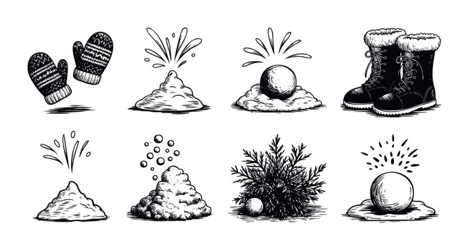 Collection of winterthemed elements including mittens, boots, snowball piles, and a sprig of evergreen for seasonal holiday promotions and winter activity concepts.