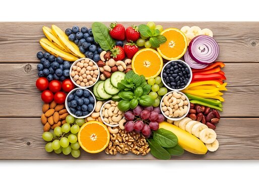 Vibrant assortment of fresh fruits vegetables and nuts arranged artfully on a rustic wooden surface