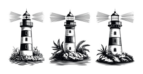 Vintagestyle black and white lighthouses with light beams against a white background, ideal for maritime themes, nautical decor, or travel promotions.