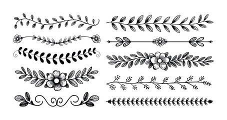 Obraz premium Collection of handdrawn floral and leaf borders, dividers, and embellishments perfect for journaling, scrapbooking, or greeting card applications.