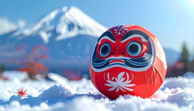 Cute 3D paper illustration of a Daruma doll near snowy Mount Fuji