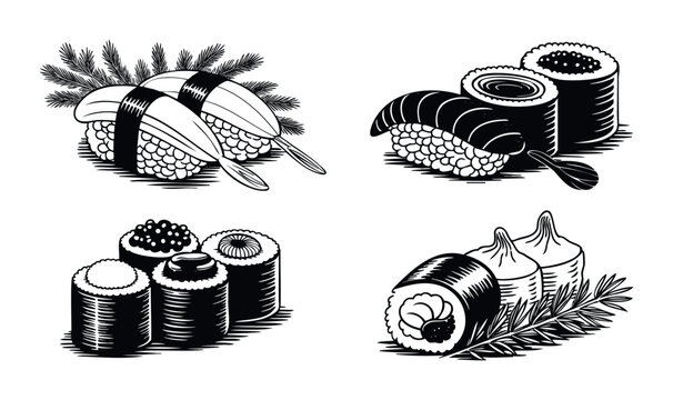 Black and white graphic depictions of various sushi rolls, nigiri, and fish selections, perfect for food menus, culinary websites, or restaurant promotions.