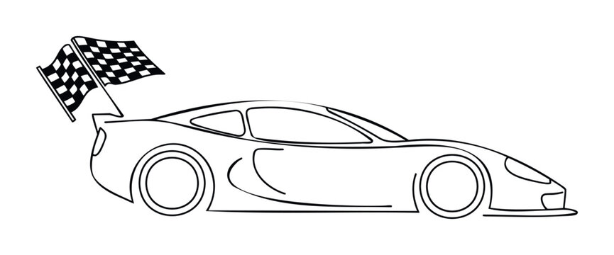 Speeding race car with checkered flags displayed prominently on the spoiler, perfect for automotive themes and winning concepts. - Powered by Adobe