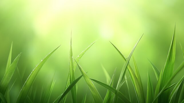 Blades of vibrant green grass with morning dew drops against bright soft light