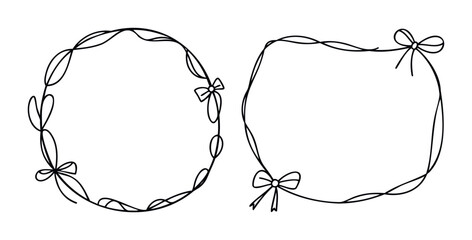 Hand drawn whimsical floral wreath frame with bows for elegant invitation and greeting message designs, perfect for feminine branding and scrapbooking.