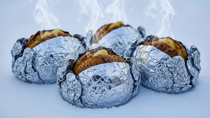 Baked potatoes in foil on snow – Symbol of warmth and simplicity in winter