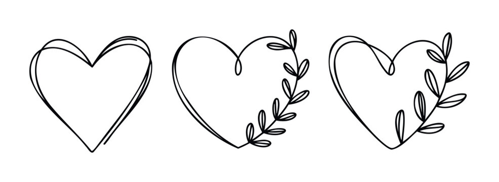 Hand drawn heart shapes with floral branch accents, perfect for wedding invitations, love messages, and romantic greetings graphics.