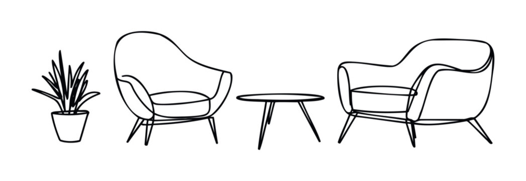 Modern armchair set with potted plant and coffee table for chic living room decor or interior scene inspiration, perfect for furniture websites and lifestyle blogs.