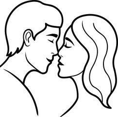 A loving couple sharing a tender kiss with closed eyes in a simple black line drawing style isolated on white background.