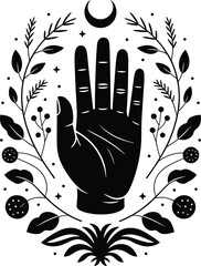 Mystical palm hand with moon and floral elements vector illustration symbolizing spirituality, astrology, fortune telling, and sacred magical design © Shuda