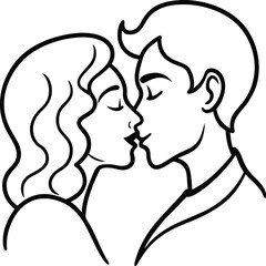 A loving couple sharing a tender kiss with closed eyes in a simple black line drawing style isolated on white background.