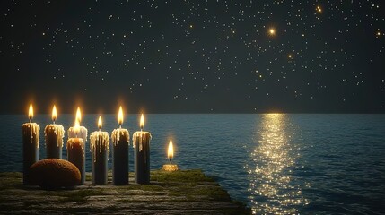 Minimalist Hanukkah background with starry sky and glowing candles