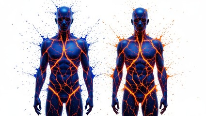Humanoid figures with glowing circuit patterns and splatter effects