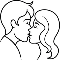 A loving couple sharing a tender kiss with closed eyes in a simple black line drawing style isolated on white background.