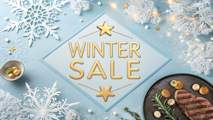 Festive overhead view of a winter sale promotion sign surrounded by decorative snowflakes, holiday lights, and a grilled steak on a dark plate, set against a light blue background