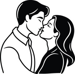 Romantic illustration of a couple sharing a tender kiss with closed eyes representing love and intimacy isolated on white background.