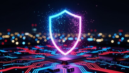 Digital shield over neon circuit board with city lights