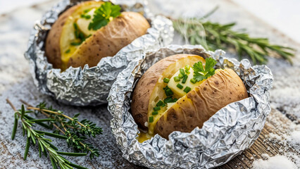 Baked potatoes with herbs in foil – Symbol of rustic comfort and natural winter flavors