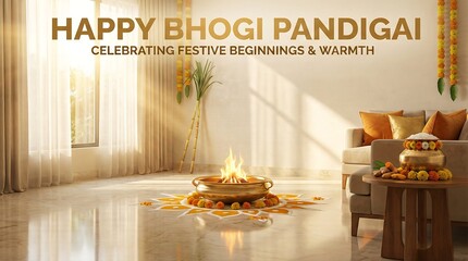 Happy bhogi pandigai festival celebration with traditional fire and decorations
