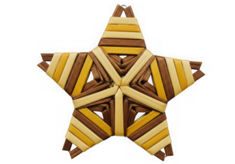 Woven star ornament with brown and yellow stripes, isolated on transparent background