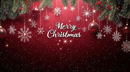 Festive banner with snowflakes and Merry Christmas text on deep red starry background