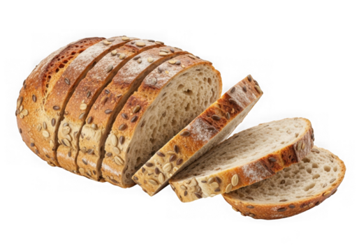 Sliced loaf of whole grain bread with seeds, isolated on transparent background - Powered by Adobe