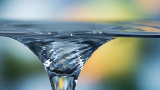 Close Up of Clear Water Vortex Swirling Downward Against a Softly Blurred Background of Yellow and Blue Hues