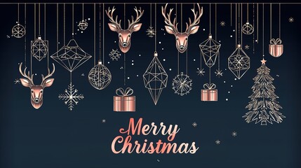 Flat vector Christmas background with metallic geometric shapes and rose gold text