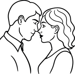 A tender moment between a man and a woman about to share a kiss with their foreheads touching and eyes closed isolated on white background.