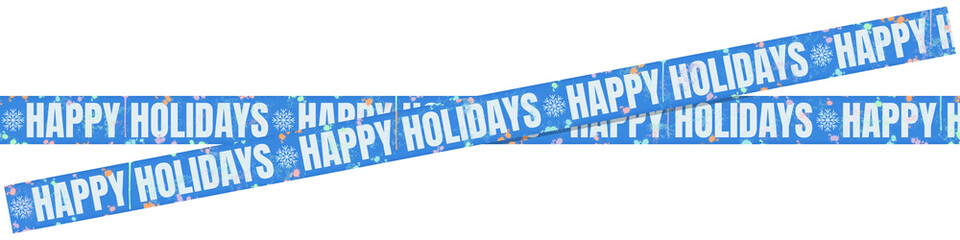 Blue Caution Tape with Bold White &ldquo;Happy Holidays&rdquo; Text &ndash; Festive Holiday Banner with Snowflake Icons and Multicolored Paint Splatter on Transparent Background
