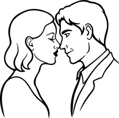 A tender moment between a man and a woman about to share a kiss with their foreheads touching and eyes closed isolated on white background.