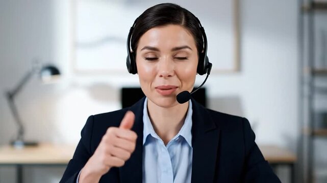 A professional woman wearing a headset gives a thumbs-up, smiling into the camera