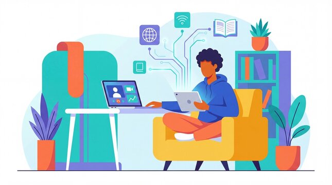 A young man sits in an armchair using a tablet and laptop for remote work. The scene depicts connectivity and digital learning in a cozy home setting, ideal for technology concepts.