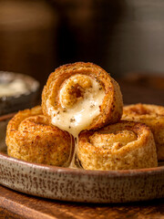 Close Up of Delicious Melting Cheese Dripping from Golden Brown Puff Pastry Rolls, Savory Baked Food with Herbs on Rustic Plate.