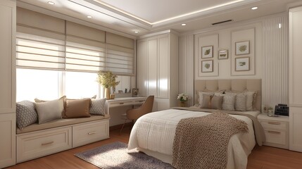 Cozy modern bedroom with natural light, featuring a bed, seating area, and decorative elements
