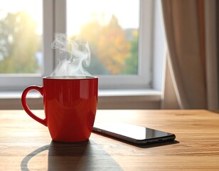 Steaming red mug and smartphone on a wooden surface, sunlight in background