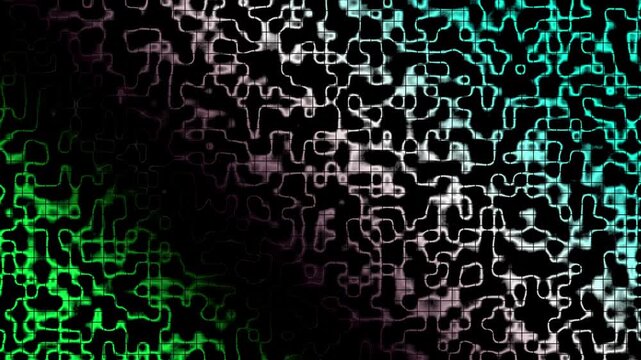 Chaotic fractal texture in cyan, black, and white with tangled organic lines.