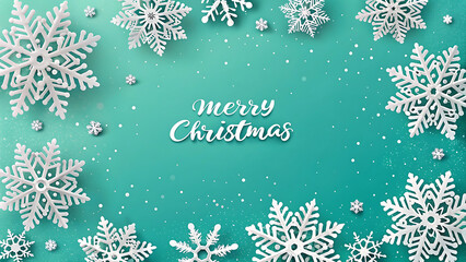 Beautiful festive background with white paper snowflakes framing a teal blue surface with merry christmas text and falling snow effect