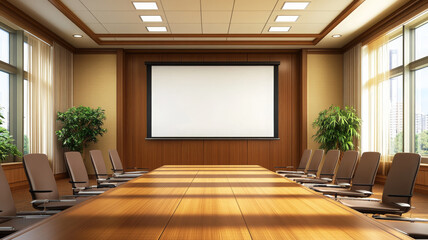 Conference room with wooden table, empty chairs, projector screen, large windows, and indoor