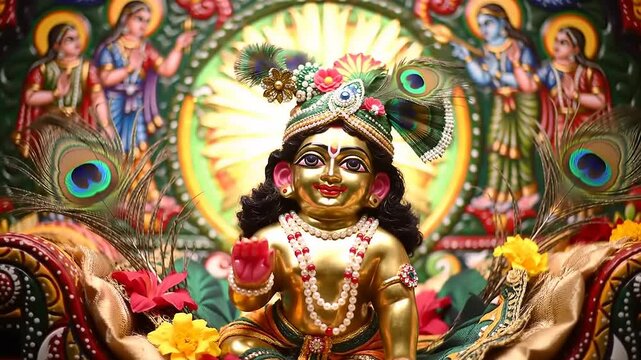 Golden Krishna Statue with Ornate Background.